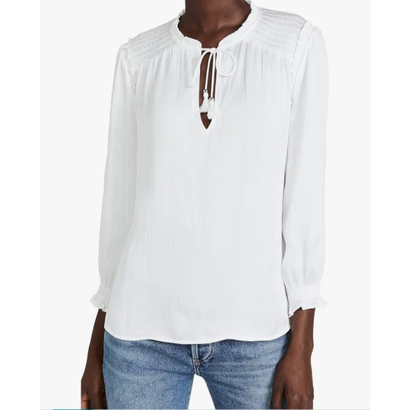 PAIGE Kaylynn Smocked Blouse Tassels City Chic Matte Satin Boho White Womens M - Picture 2 of 16